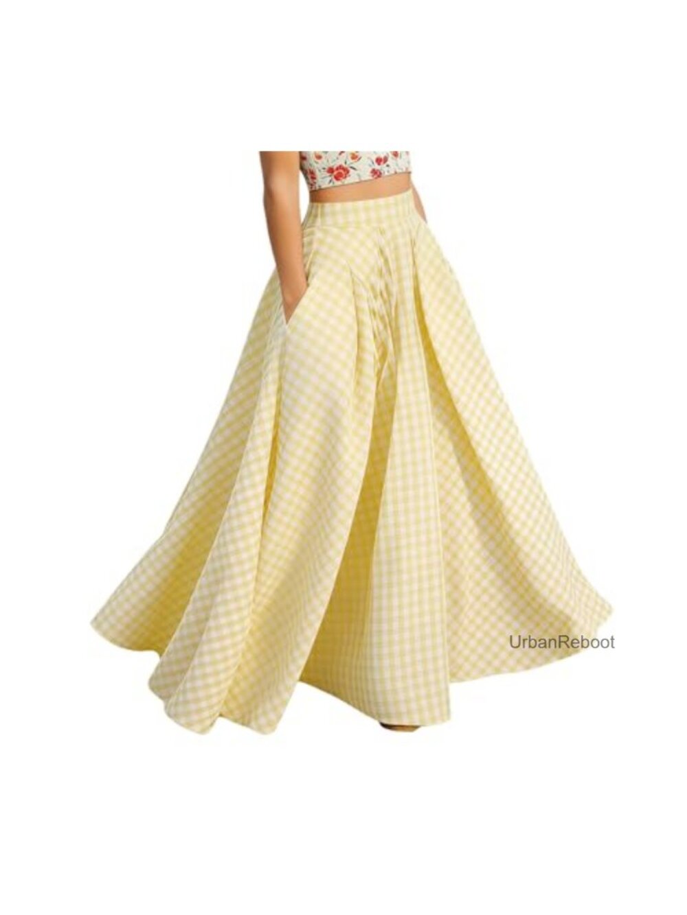 Plaid Maxi Skirt with Pockets High Waisted Pleated A-Line Gingham Long Skirt